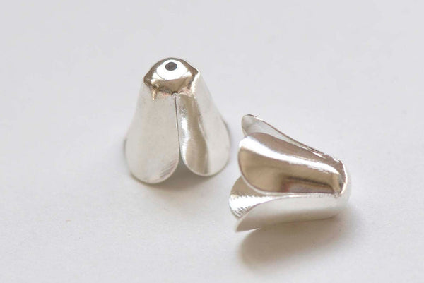 Shiny Silver Four Petal Flower Cone Bead Caps 10x12mm