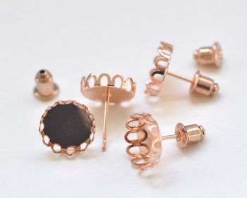 10 sets Anti Tarnish Rose Gold Ear Stud Earring Posts Scalloped Edge Bezel Size 10mm/12mm