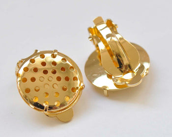 24K Gold Perforated Sieve Bezel Cup Ear Clips Findings Match 16mm Cabochon Set of 10 A5999