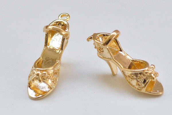 10 pcs 24K Gold High Heel Shoes Lady Floral Sandals Charms Pendants 7x20mm A4986