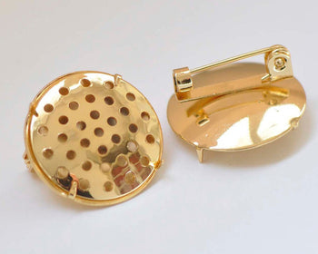 24K Gold Convex Back Pin Brooch Prong Perforated Sieve Bezel Blank Match 18mm Cabochon Set of 5 A8692