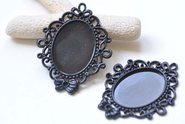 Black Oval Bowtie Pendant Tray Blanks Base Settings Match 24x33mm Cabochon Set of 10 A8063