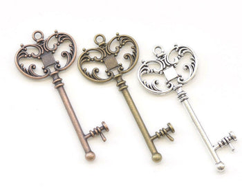 5 pcs Filigree Crown Skeleton Key Pendants Charms  30x69mm Double Sided Antique Bronze/Silver/Copper