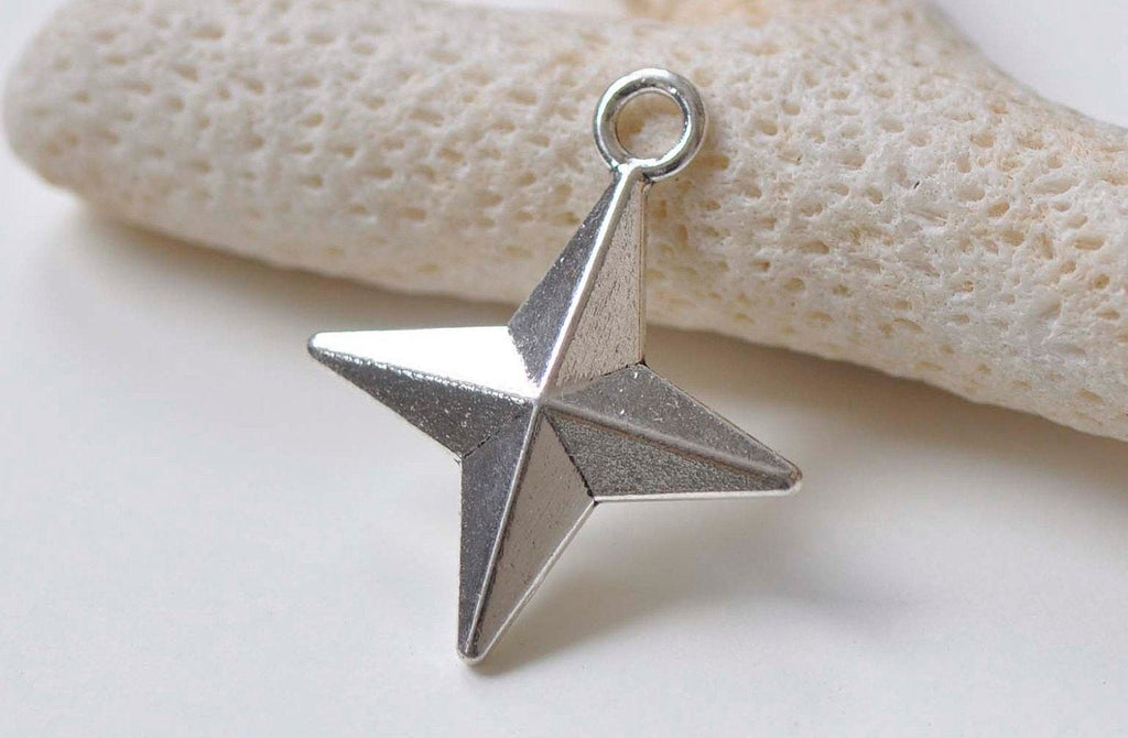 Antique Silver Four Pointed Star Charm Pendants 25x30mm Set of 10 A1896
