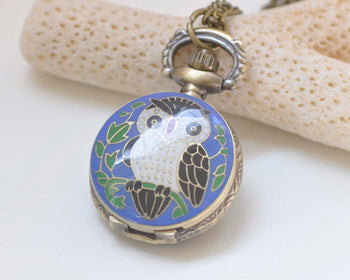 1 PC Antique Bronze Blue Enamel Flower Small Owl Pocket Watch 27mm A3663