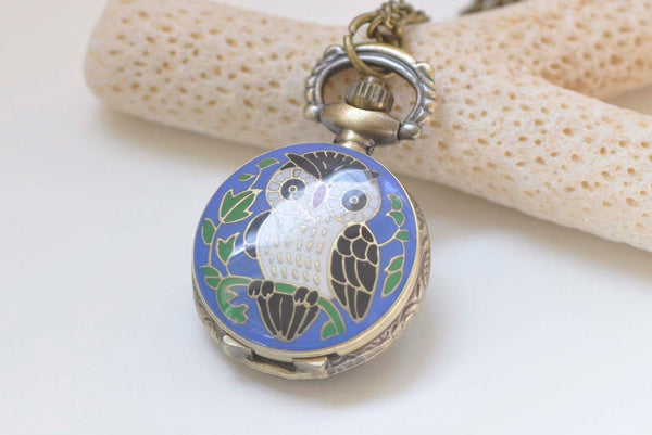 1 PC Antique Bronze Blue Enamel Flower Small Owl Pocket Watch 27mm A3663