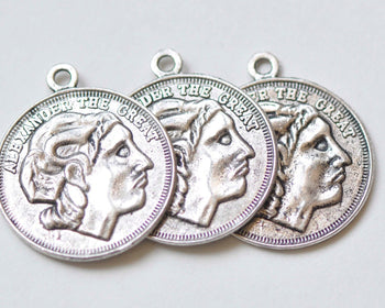 Antique Silver Roman Coin Greek Warrior Round Pendant Charms Small Size 23mm Set of 10 A5332