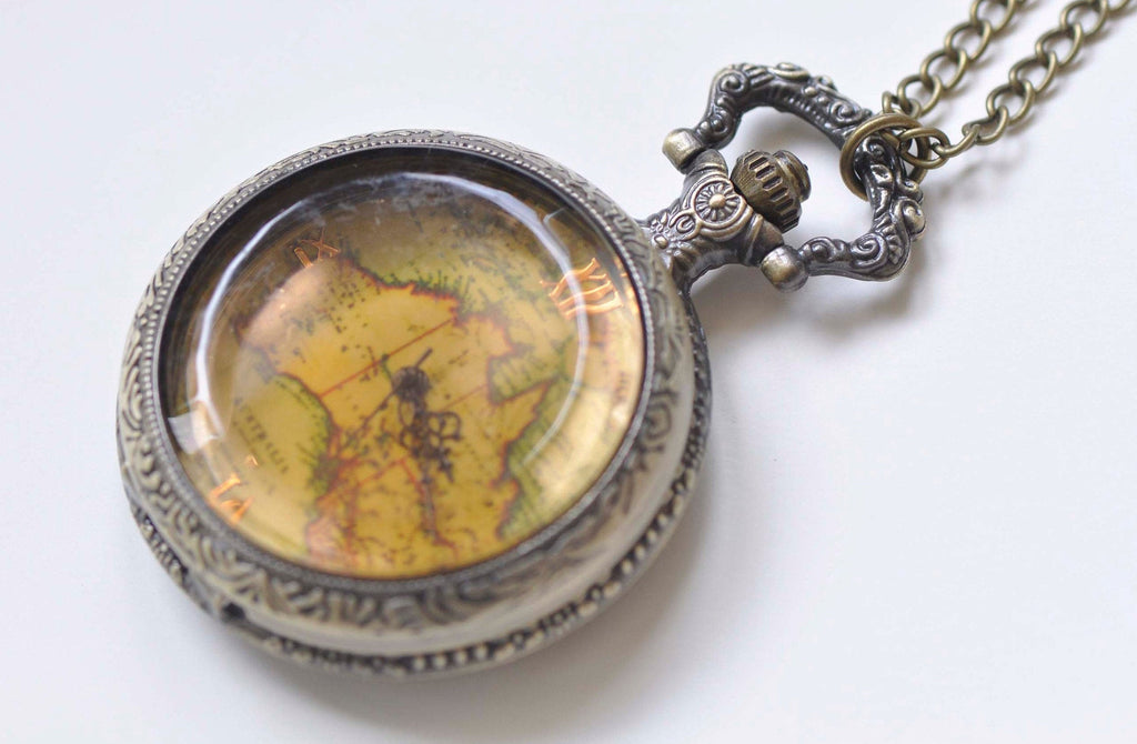 1 PC Antique Bronze Faceted Glass Cover Map Pocket Watch A894