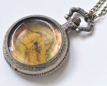 1 PC Antique Bronze Faceted Glass Cover Map Pocket Watch A894