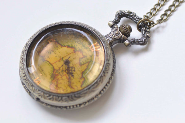 1 PC Antique Bronze Faceted Glass Cover Map Pocket Watch A894