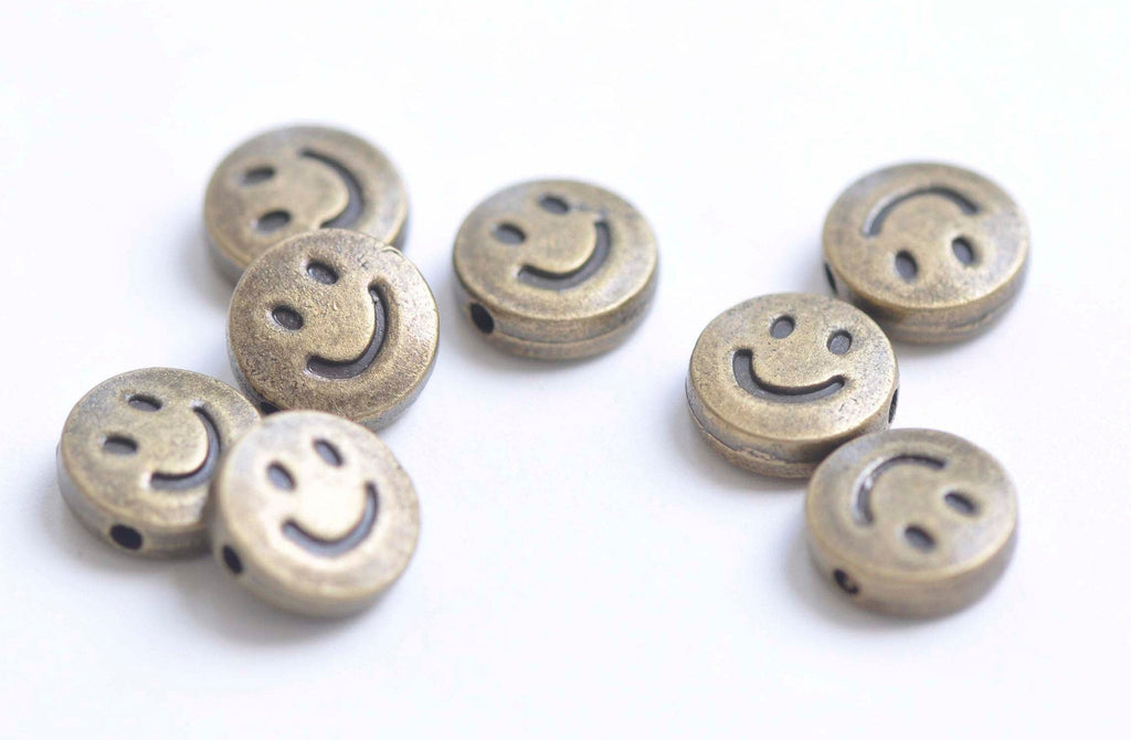10 pcs Antique Bronze Happy Smile Icon Beads Double Sided 10mm A3518
