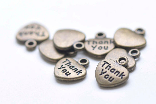 30 pcs Antique Bronze Small Thank You Heart Charms 11x12mm A8288