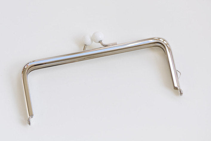 16.5cm Silver Purse Frame Silver Handle Purse Frame With White Plastic Ball Head Glue-In Style 16 x 6.5cm
