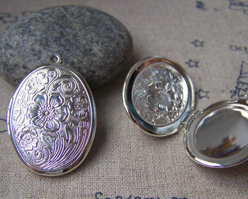 Accessories - Silver Picture Locket Oval Flower Photo Locket Pendants 23x29mm Set Of 4 Pcs A3025