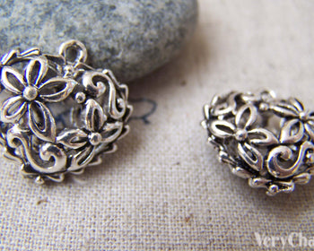 10 pcs of Antique Silver 3D Filigree Flower Heart Pendants 18x20mm A910