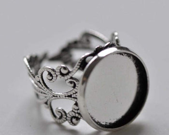 Accessories - 10 Pcs Antique Silver Adjustable Ring Blank Shank Base With 14mm Bezel A7681