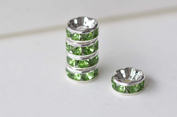 10 pcs Silver Olive Green Rhinestone Rondelle Spacer Beads 8mm A7904