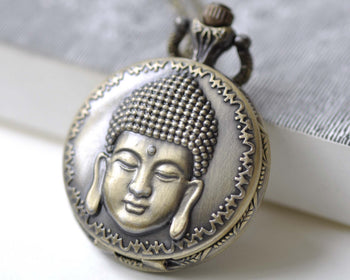 Pocket Watch - 1 PC Antique Bronze Buddha Head Religious Pocket Watch  A7973