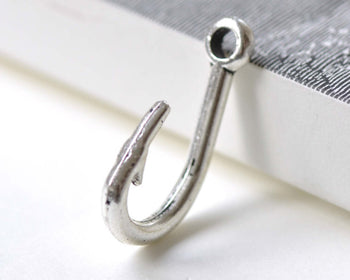Antique Silver Fish Hook Charms Fishing Hook Pendants  Set of 10 A8029
