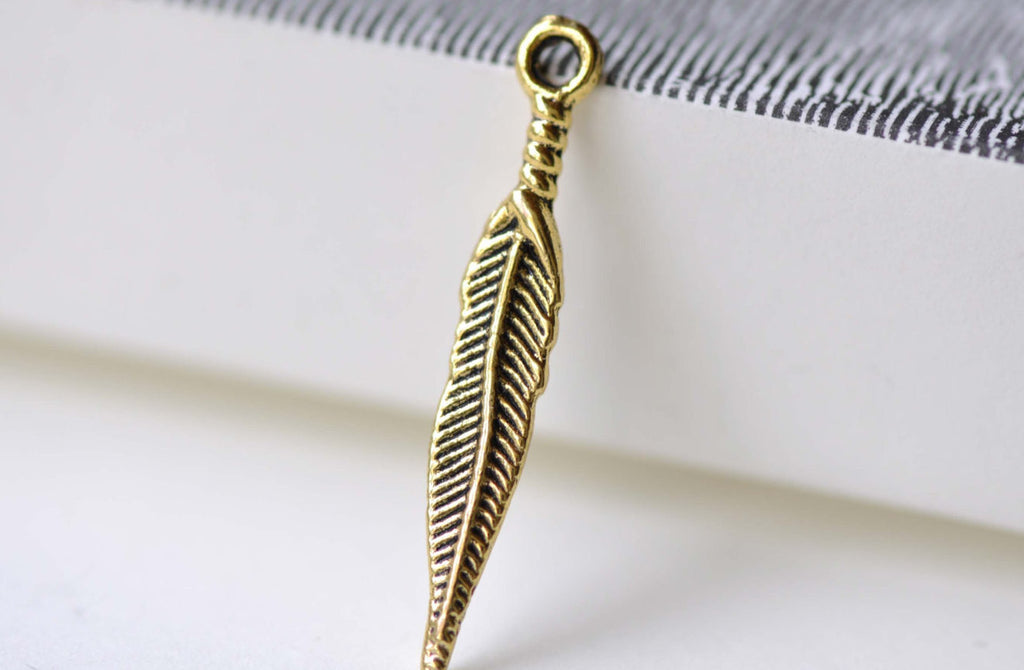 Antique Gold Long Feather Charms 5x28mm Set of 20 A8048