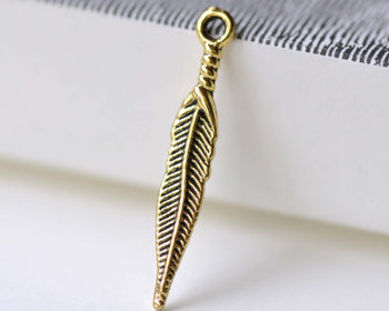 Antique Gold Long Feather Charms 5x28mm Set of 20 A8048
