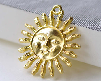 Gold Sun Face Charms Pendants 30mm Set of 10 A8061