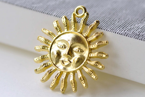 Gold Sun Face Charms Pendants 30mm Set of 10 A8061