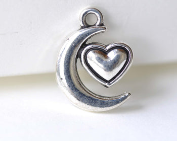 Crescent Moon Heart Charms Antique Silver Pendants Set of 20 A8111