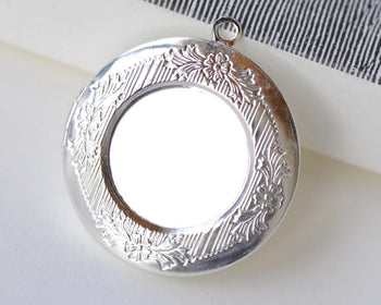 Silver Round Bezel Photo Lockets Match 20mm Cabochon Set of 2 A8151