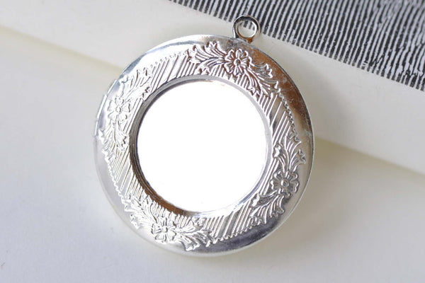 Silver Round Bezel Photo Lockets Match 20mm Cabochon Set of 2 A8151