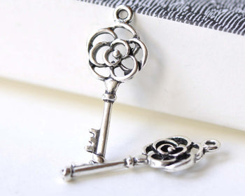 Antique Silver Filigree Flower Key Charms 11x28mm Set of 10 A8149