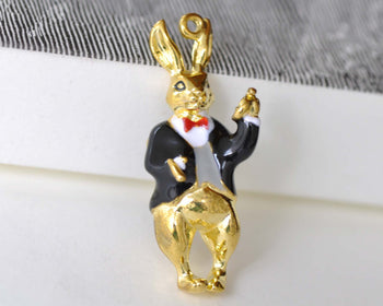 Gold Enamel Rabbit in Suit Pendants Charms 14x36mm Set of 2 A8154