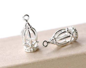 Silver Bird Cage Pendants Charms 7x15mm Set of 10 A8159