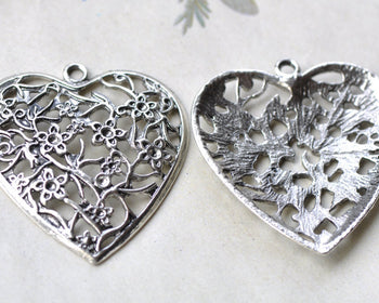 Antique Silver Large Flower Heart Pendants Charms Set of 10 A8033