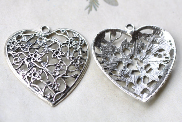 Antique Silver Large Flower Heart Pendants Charms Set of 10 A8033