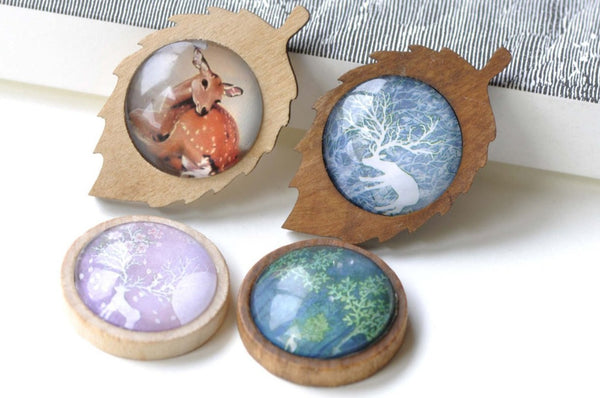 Wooden Pendant Tray Leaf/Round Bezel Setting 25mm Bezel Set of 4