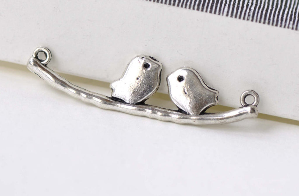 Antique Silver Love Bird Connectors Sparrow On Branch Set of 10 A8234