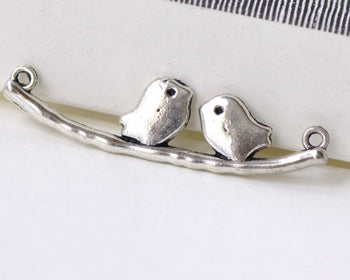 Antique Silver Love Bird Connectors Sparrow On Branch Set of 10 A8234