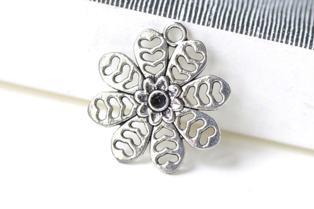Heart Flower Charms Antique Silver Snowflake Pendants Set of 10 A7936