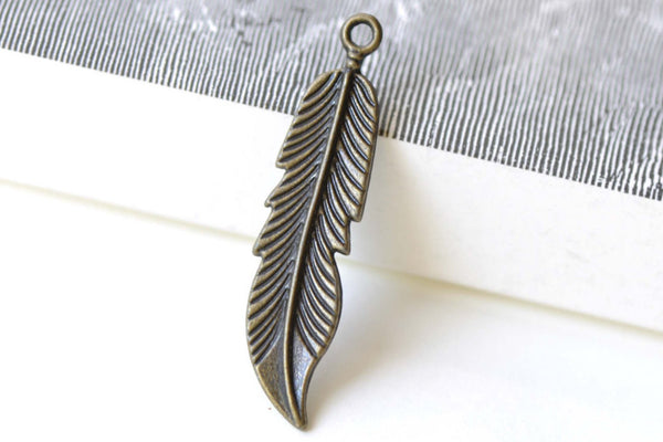 Long Feather Charms Antique Bronze Pendant 11x45mm Set of 10 A8297