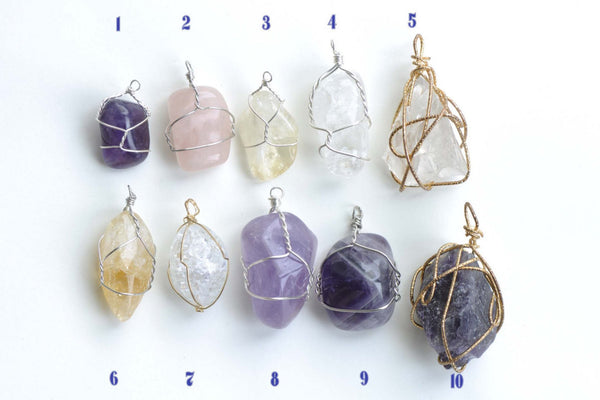 Irregular Wire Wrapped Nugget Rock Crystal/Amethyst/Citrine/Rose Quartz Pendant Set of 1