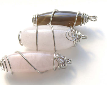 Wire Wrapped Long Oval Nugget Pendant Polished Agate/Crystal/Rose Quartz Gemstone Set of 1