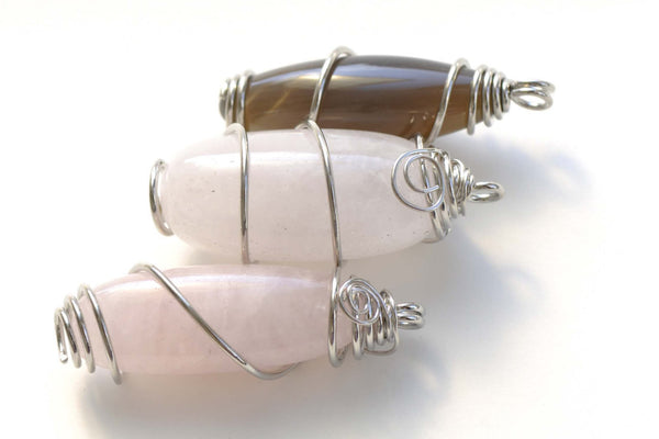 Wire Wrapped Long Oval Nugget Pendant Polished Agate/Crystal/Rose Quartz Gemstone Set of 1