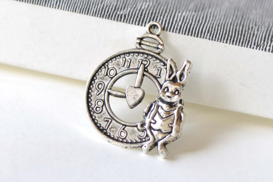 Antique Silver Rabbit Clock Charms 25x31mm Set of 10 A8326