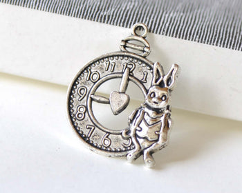 Antique Silver Rabbit Clock Charms 25x31mm Set of 10 A8326