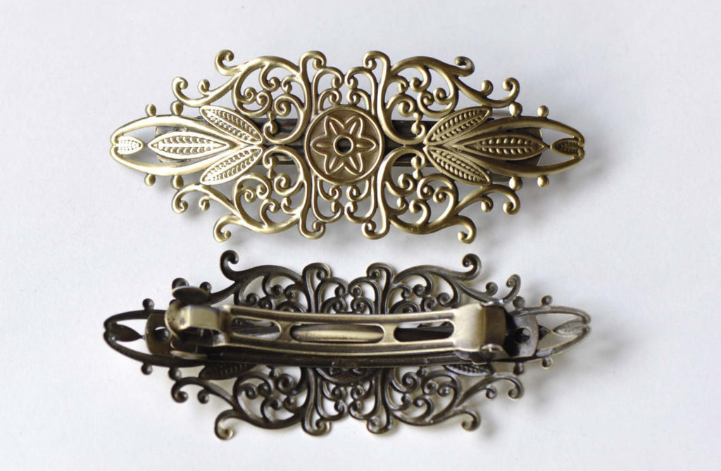 Antique Bronze Brushed Hair Barrette Clips Flower Pinch Set of 2 A8340