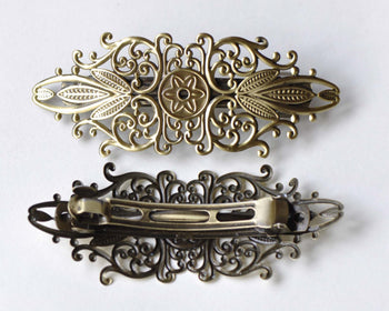 Antique Bronze Brushed Hair Barrette Clips Flower Pinch Set of 2 A8340