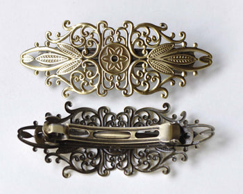 Antique Bronze Brushed Hair Barrette Clips Flower Pinch Set of 2 A8340